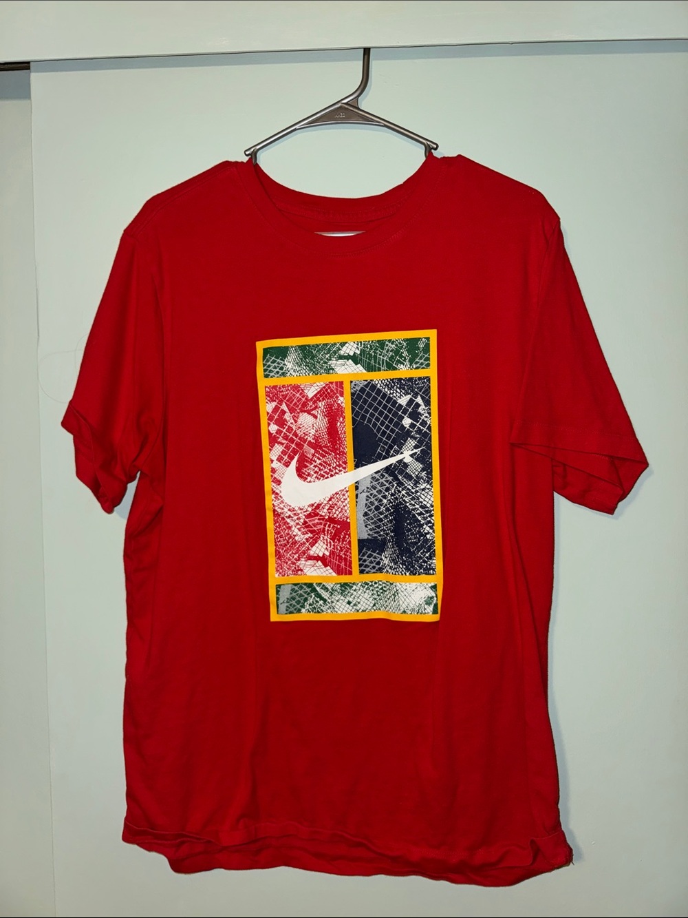 Nike Red Short Sleeve Tee with Multicolor Tennis Court Panel Graphic